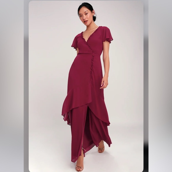 LULUS Pour the Champagne Burgundy Ruffled Backless Maxi Dress XL - Picture 1 of 8